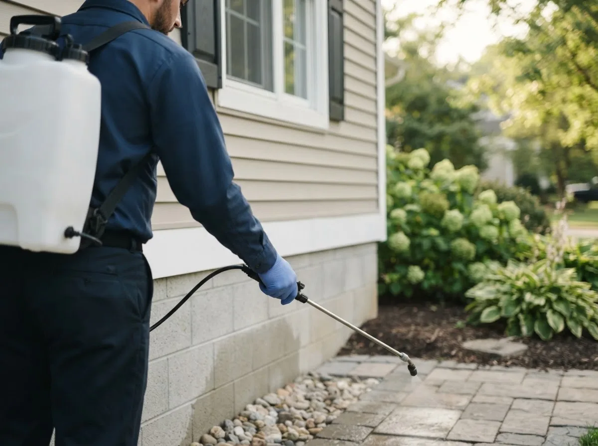 Pest control technician inspecting a home in Donaldson, AR